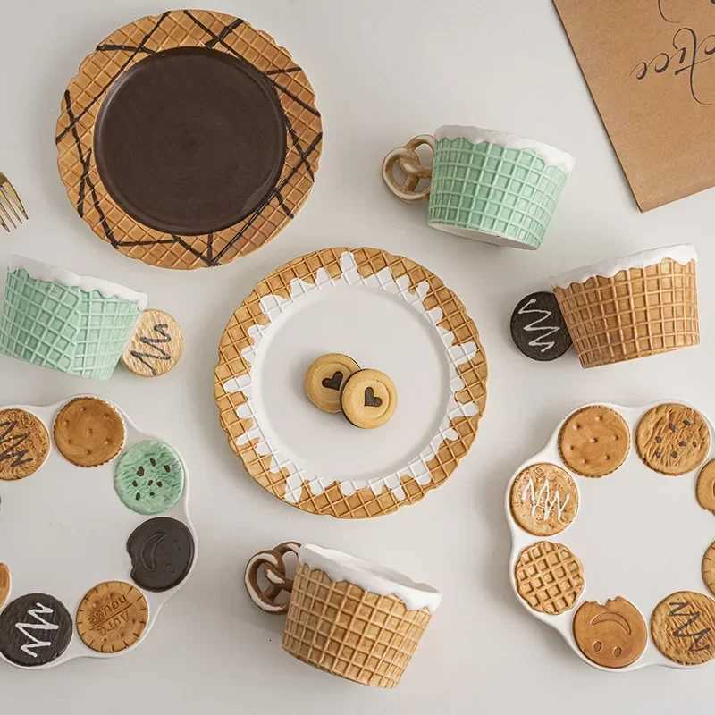 Ins Cute Korean Ceramic Cup Coffee Cup Breakfast Cup Dinner Plate Dim Sum Plate Breakfast Plate Biscuit Series Tableware H251209