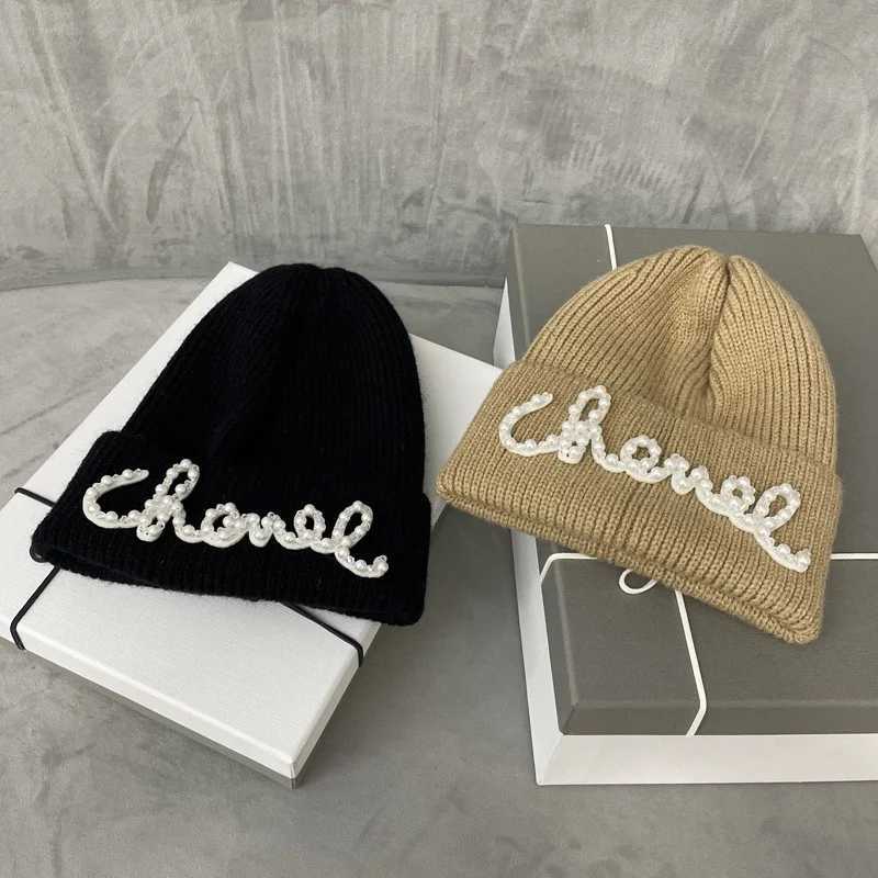 Luxury 2025 New Womens Korean Pearl Letter Knitted Beanie - Winter Warm Ear Protection Soft Elastic Fashionable Daily Cap Y251209