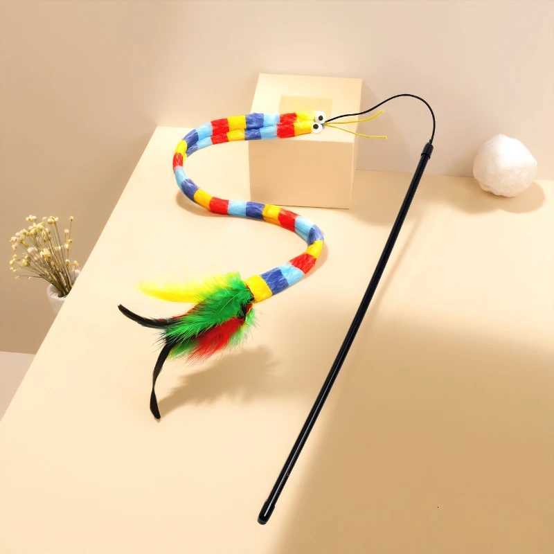 Cat Teaser Toy Colorful Caterpillar Feather Plush Interactive Cat Teaser Stick Durable Bite Self High Teaser Tool Cat Toy M251209