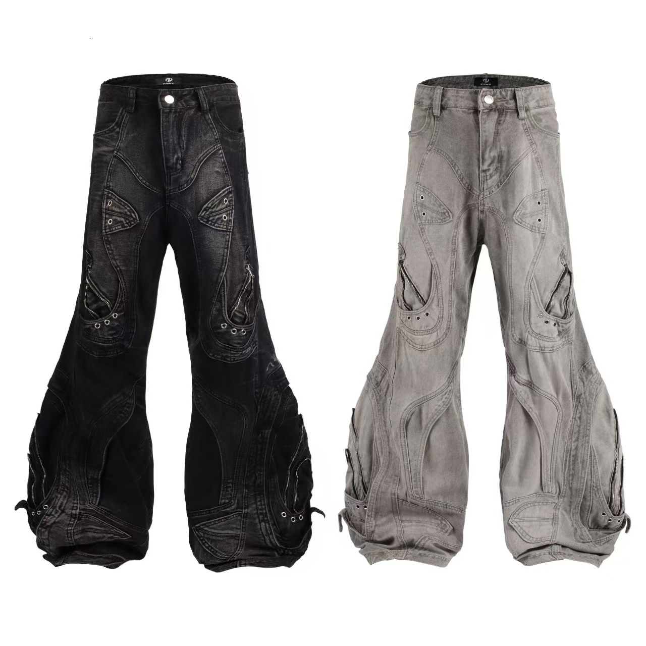 Designer jeans American High Street Design Irregular Cargo Pants for Women, Punk Style Heavy Stitching Scimitar Pants, Autumn 2025