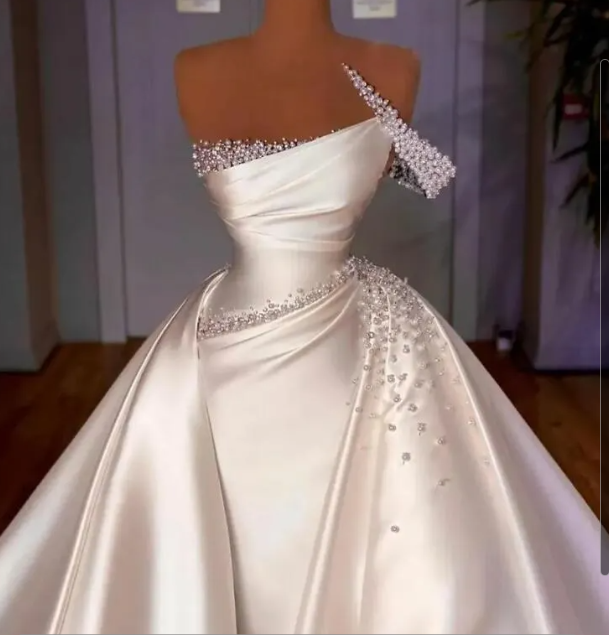 2026 Arabic Aso Ebi Plus Size Ivory Wedding Dresses Sheer Neck Pearls Satin Detachabel Train Luxurious Bridal Gowns Dress For Brides ZJ2059