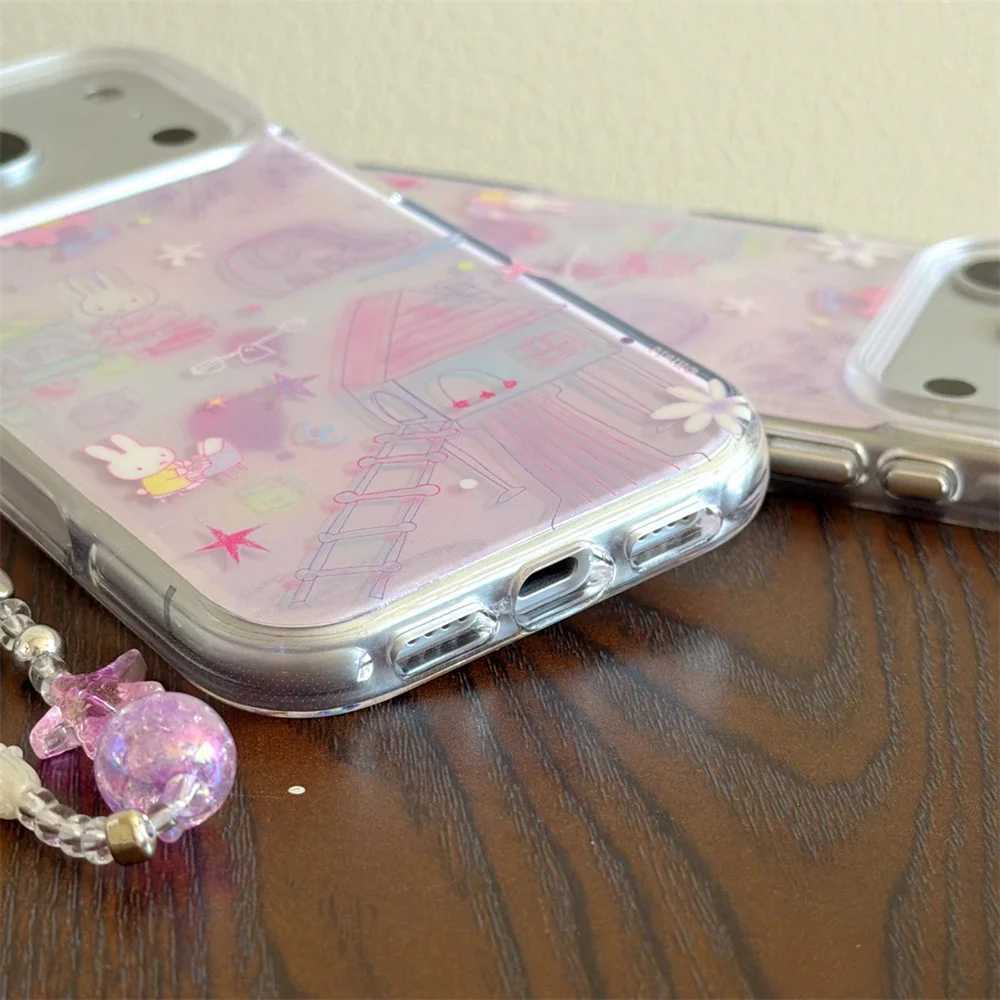 Cute Rabbit phone case With Chain For iPhone 17 16 Pro 13 14 15 Pro Max Korean INS fashion cartoon protective cover For 17 Pro C251209