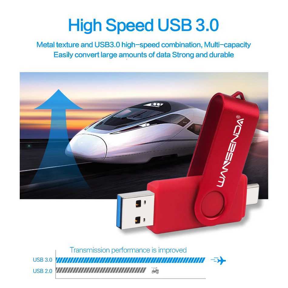 WANSENDA TYPE C USB 30 Flash Drive Metal Pen Drive 512GB 256GB 128GB 64GB 32GB 16GB Memory Stick 2 IN 1 High Speed Pendrives C251209