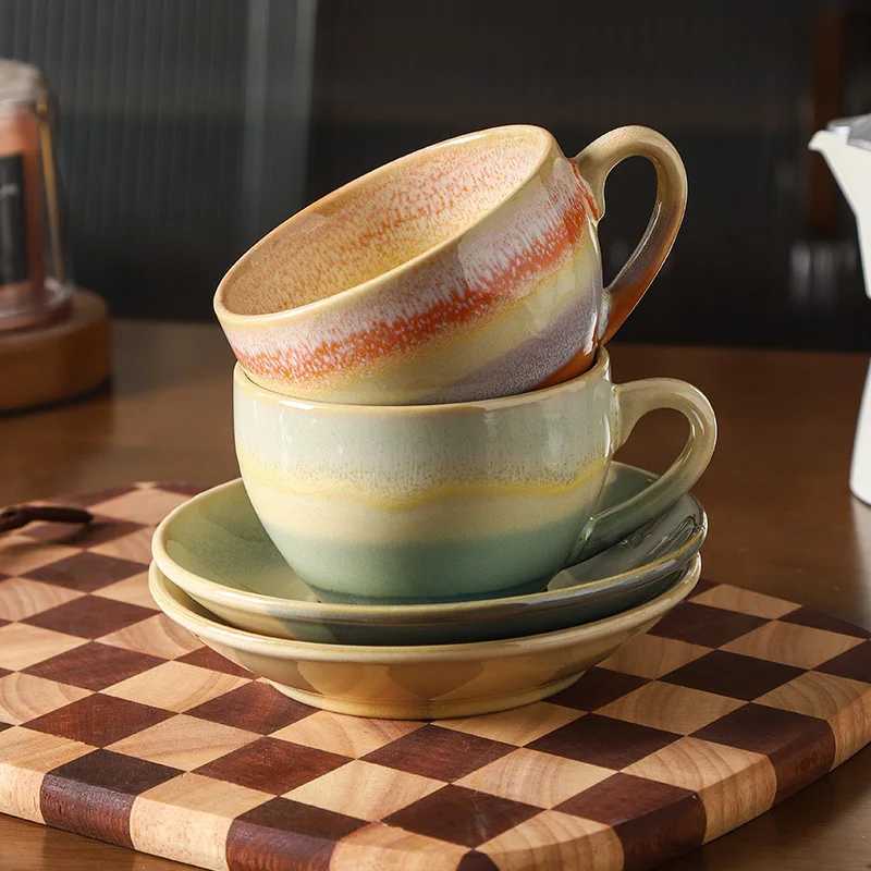 Ceramic Retro Kiln-tur Coffee Cup with plate Cappuccino Latte Fancy Embossed Art Latte Art g Tea Cup Kitchen Dining Bar H251209