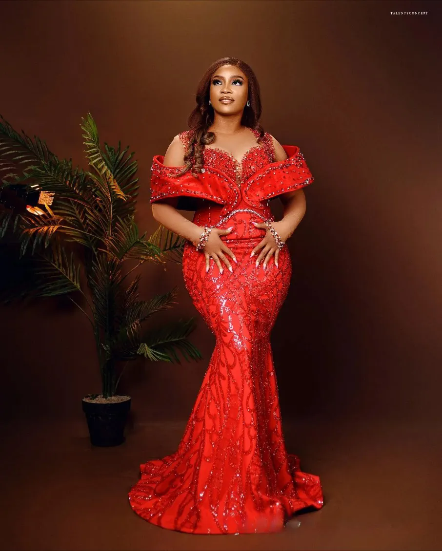 Plus Size Prom Dress With Detachable Train Red Mermaid Promdress Evening Formal Dresses For Women Sheer Neck Beaded Lace Second Reception Gowns Vestid