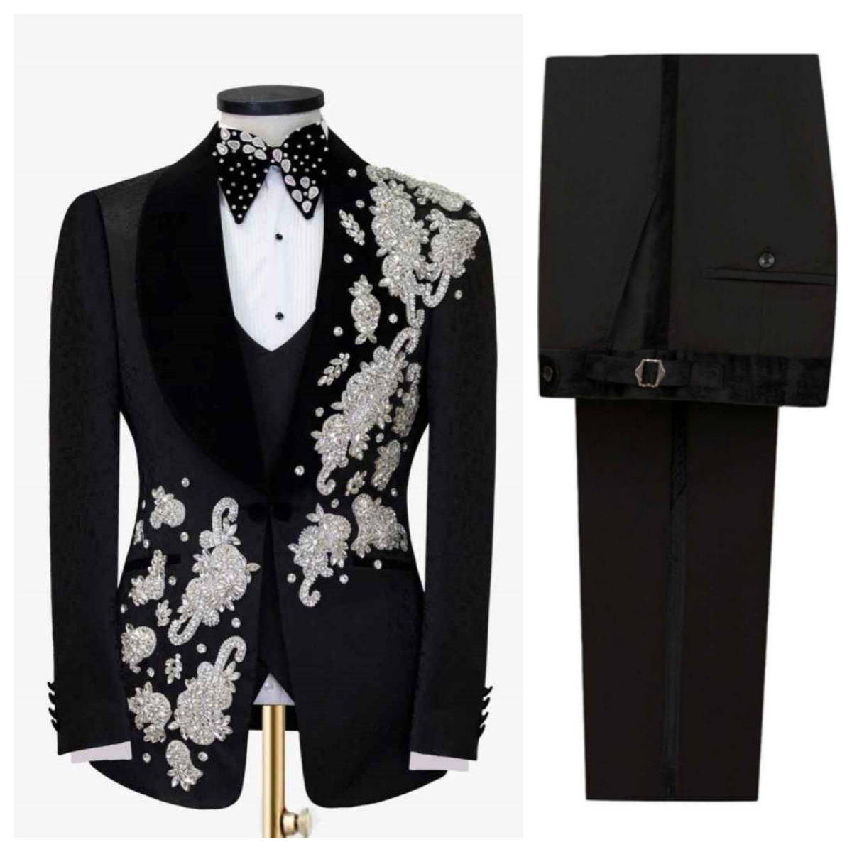 Luxury Man Tuxedos Shawl Lapel Appliques Crystal Men Suit Exquisite 2 Piece Set Jacket Pants Evening Wedding Groom Customized
