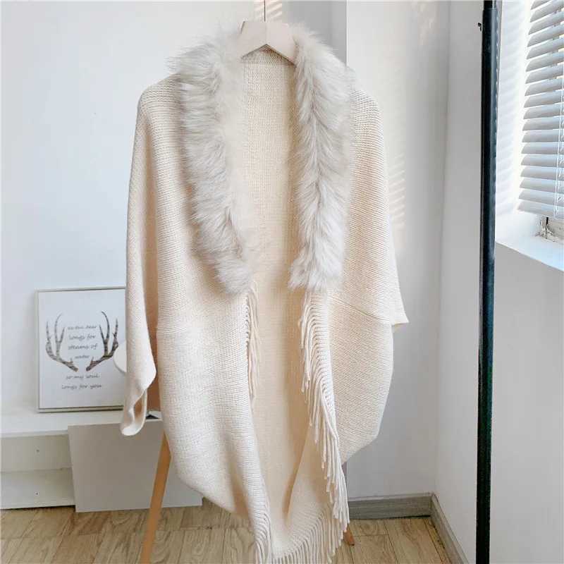 Luxury Imitate Fur Collar Winter Shawls And Wraps Bohemian Fringe Oversized Womens Winter Ponchos And Capes Sleeve Cardigan White Cloak Y251208