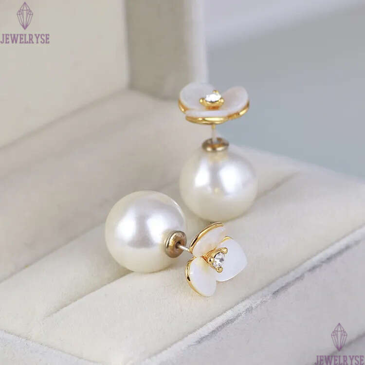 Luxury Sweet Flower Designer Stud Earrings Charm Stainless Steel Brand Style Big Pearl Double Side Crystal Rose Ear Rings Earings Earring Jewelry