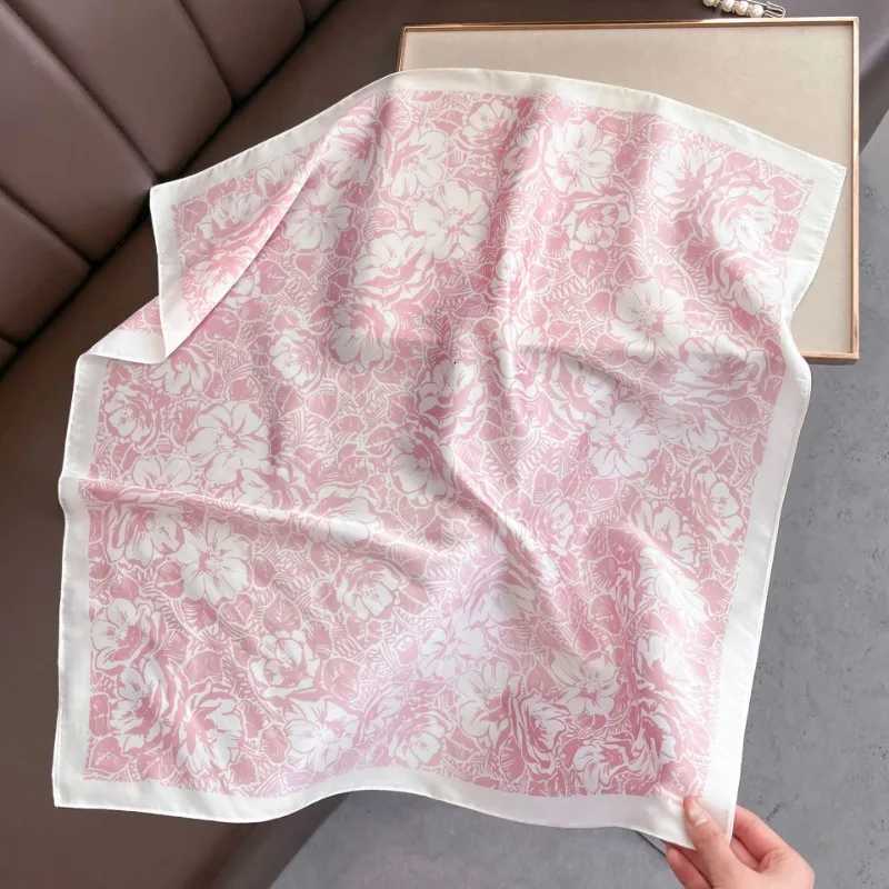 Luxury 68cm Pink Floral Printed Scarf Womens Spring and Summer New Imitation Silk Scarf High-end Fashion Versatile Headscarf Shawl Y251208