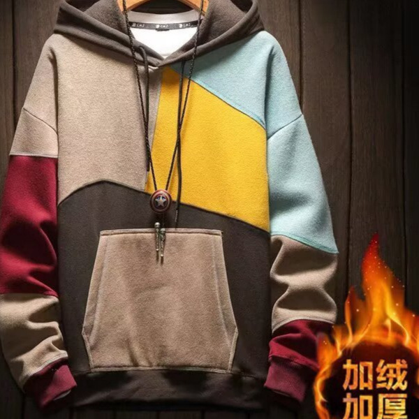 Color Block Hoodie for Men: Autumn/Winter Fleece-Lined Loose Casual Couple-Style Trendy Hooded Jacket/Top