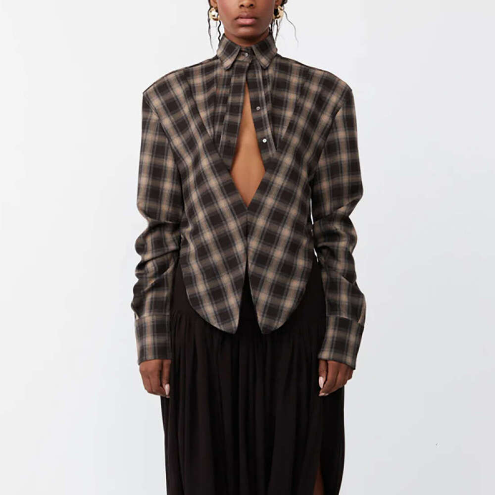 Irregular Slim Fit Long Sleeve Plaid Shirt Cross-Border Padded Shoulder Hot Girl Design Hollow Out Top New Early Autumn B5