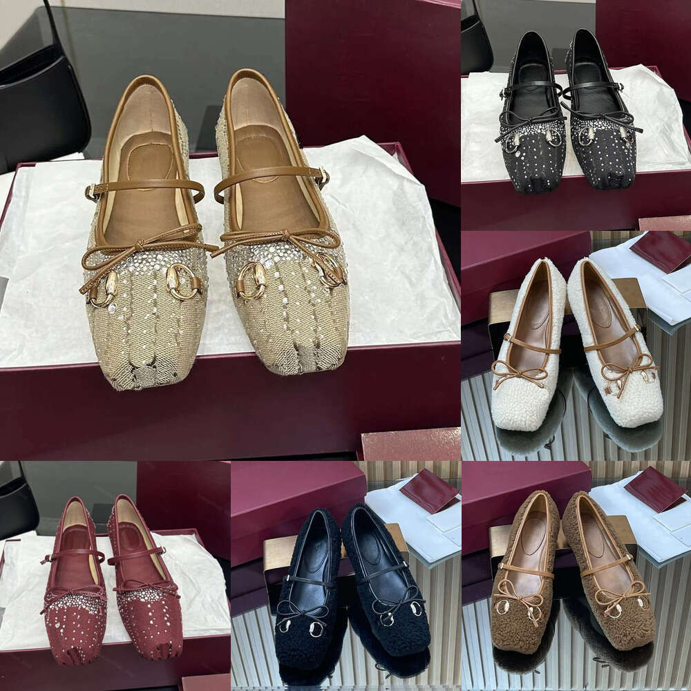 luxury mary jane Shearling ballerina loafers designer shoe woman crystal ballet flats square toes flat fur wool dress dance loafer office Vacation shoes top quality