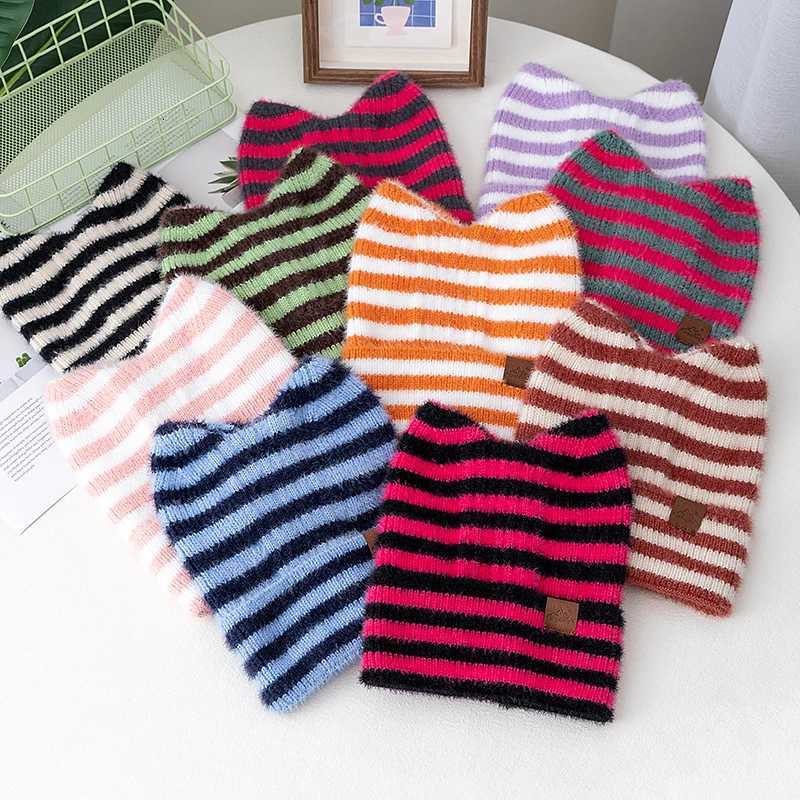 Luxury Lovely Hat Cute Cat Ear Beanie Cap Winter Hats For Women Y2K All Stripes Fashion Outdoor Warm Hat Beanie Warm Cap For Girl Gift Y251209