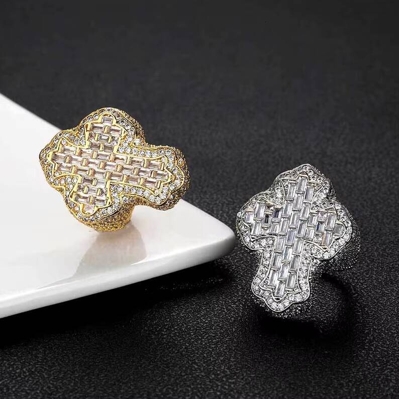 Full Iced Out 925 Sterling Silver Cross Ring Vvs Moissanite Diamond Pass Tester Moissanite Hip Hop Ring