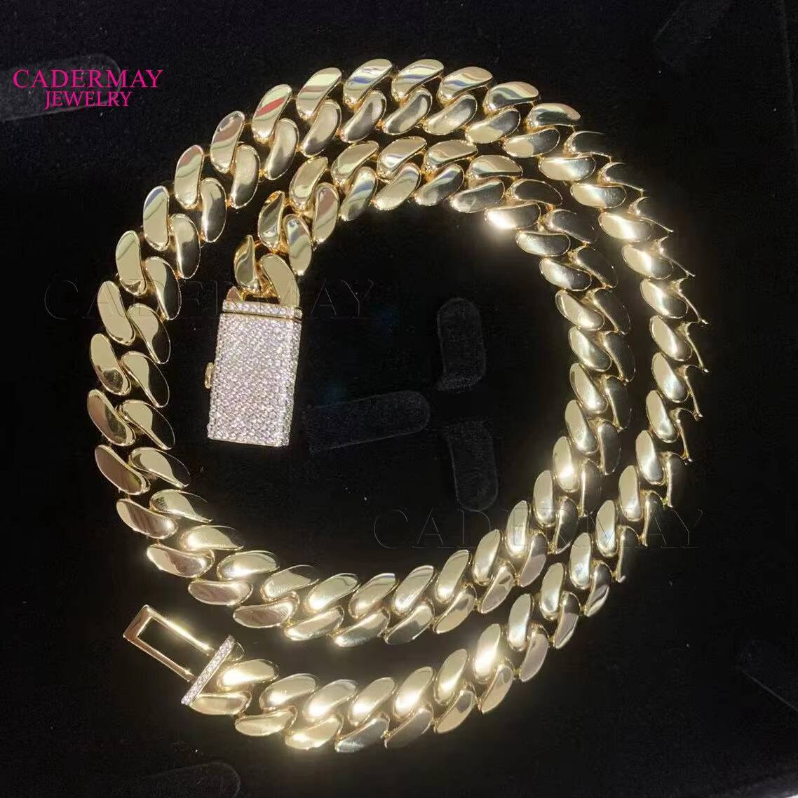 Cadermay Hiphop 14mm Miami With Long Moissanite Clasp Pass Diamond Tester Silver 14K Gold Plated Cuban Solid Link Chain Necklace