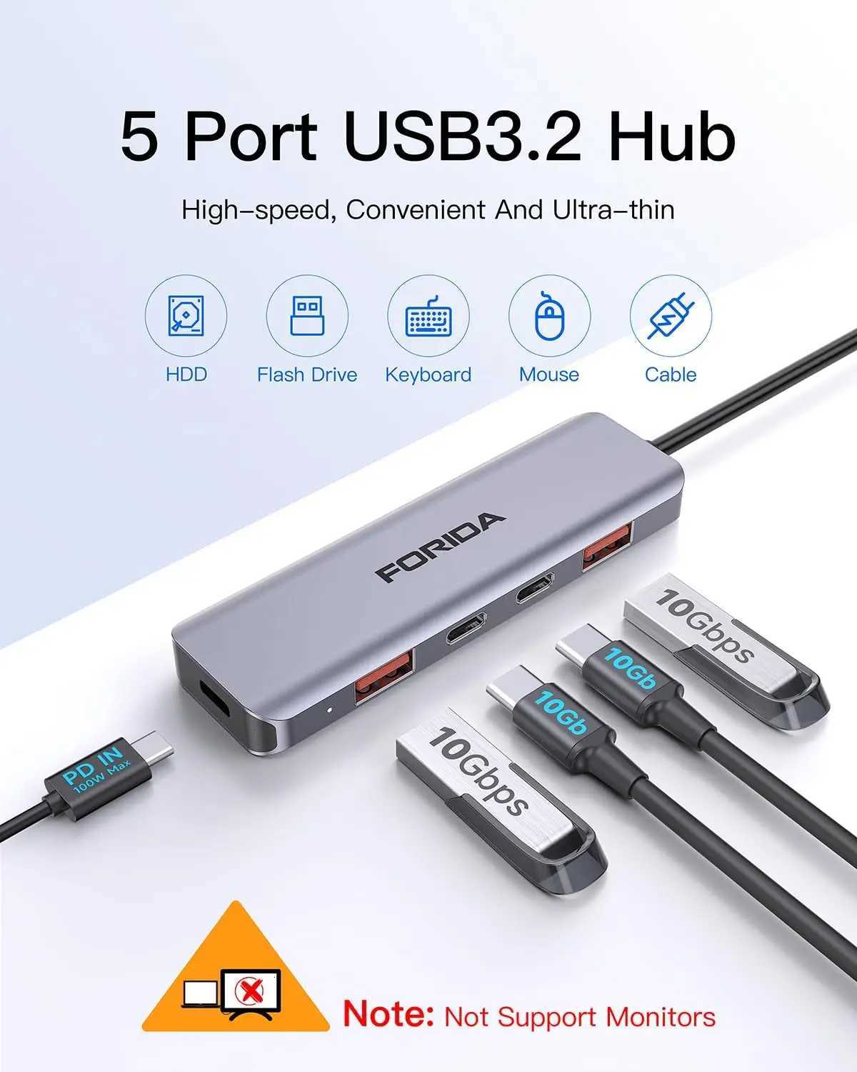 Forida USB C Hub 10Gbps USB C Splitter 100W Power Charging USB 32 Gen2 Adapter for Laptop Book Desktop Tablet PC SmartPhone C251209