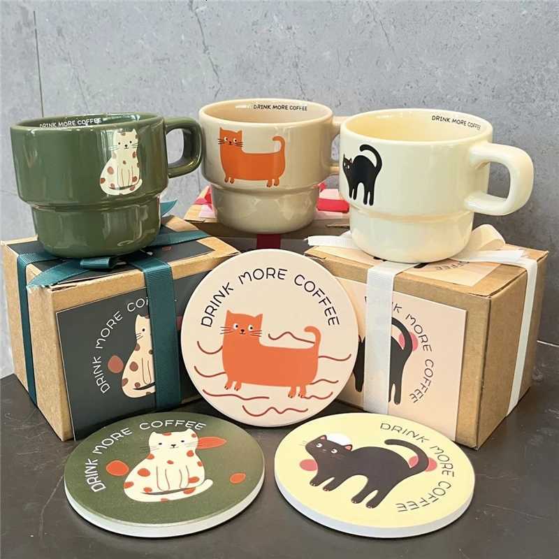 Cute Cartoon Cat Cup with Coaster Cute Cat Cup Mat Ceramic g Water cup Breakfast Milk g Creative Christmas Gift H251209