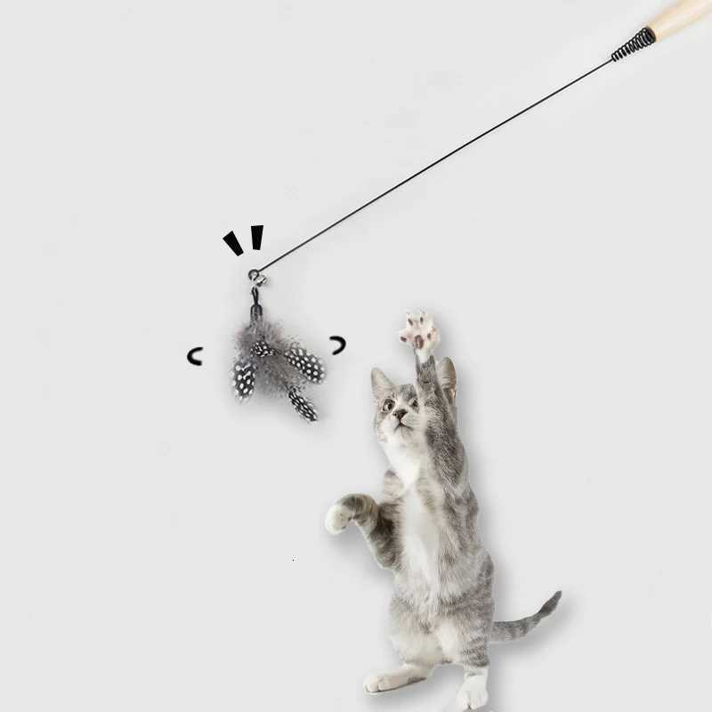 Wooden handle spring teasing cat stick pearl feather replacement head scratch-resistant cat toys to relieve boredom pet supplies M251209