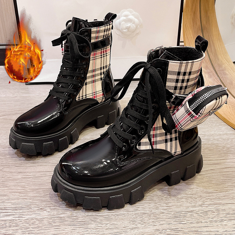 Designer shoes 2025 new classic checkered printed Martin boots thick soled lace up fashion boots for women black white pink