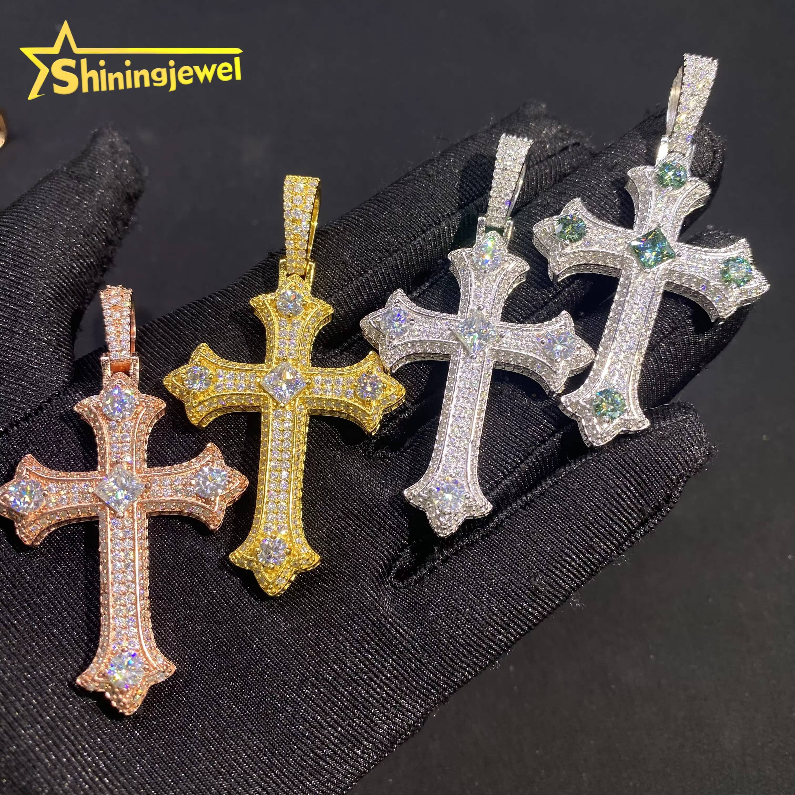 2Sizes VVS Moissanite Jewelry Pendant Iced Out Diamond Hip Hop Green Moissanite Jewelry 925 Silver Cross Pendant Charms