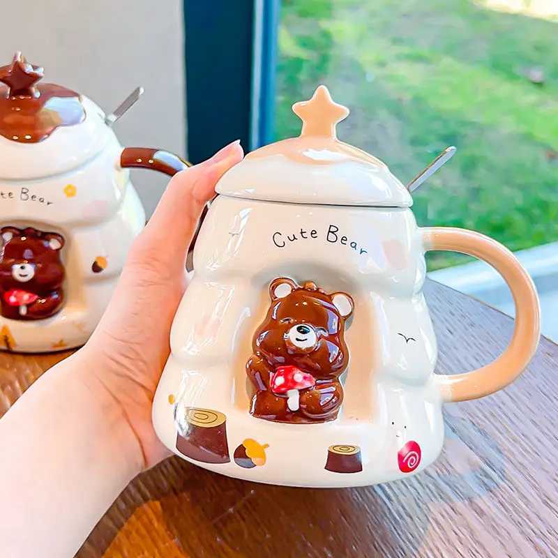 Bear Ceramic Cup Cute Ceramic g with Lid on Hand Christmas 3D three-dimensional g Couple Coffee Cup He Water Cup H251209
