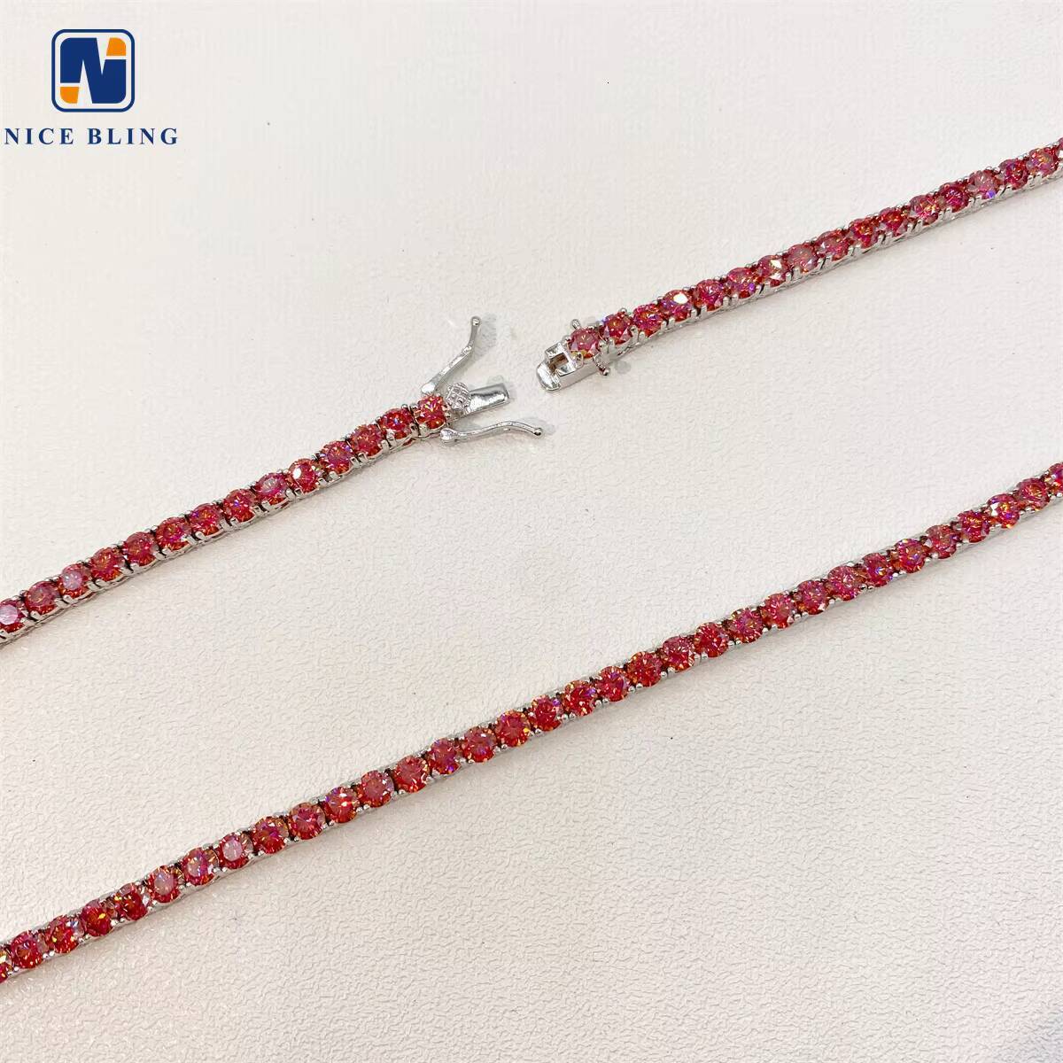 Garnet Red Tennis Chain Bling HipHop Jewelry Iced Out VVS Moissanite Diamond Necklace 4mm Colored Chain
