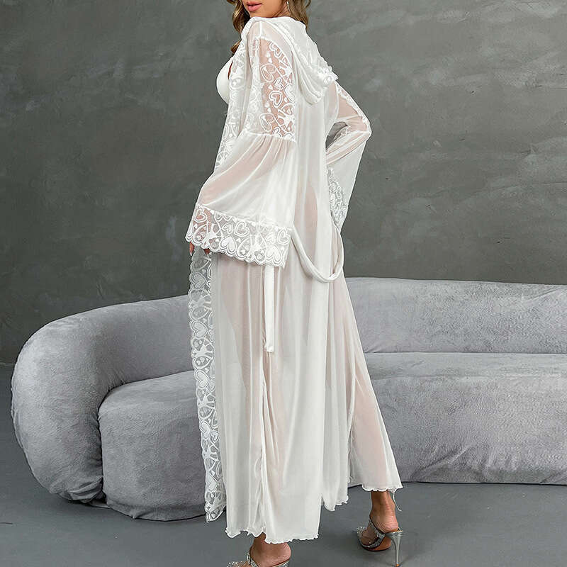 designer New Sexy Hooded Bathrobe Lingerie Lace Trim Robe Belt Homewear pajamas nightgowns women