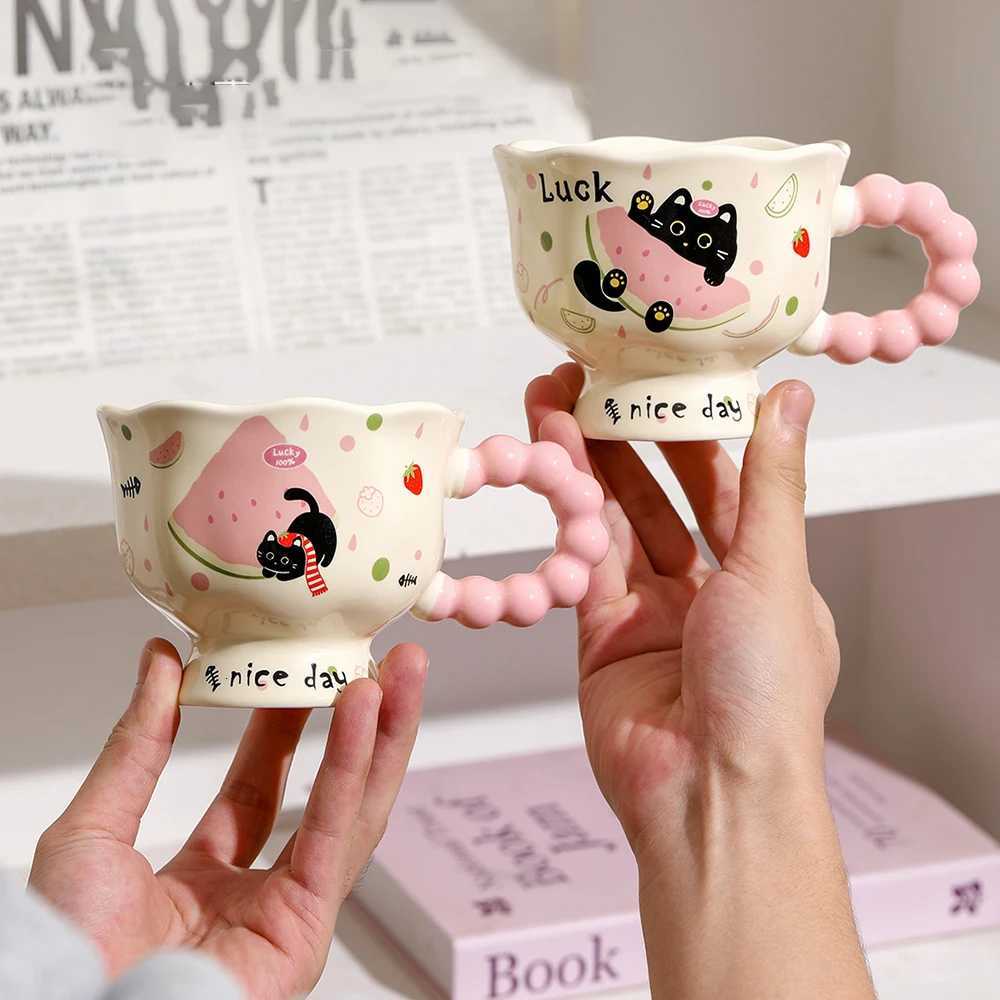 Cute Cat Watermelon Ceramic g Kawaii Bubble Handle Coffee Milk Cups for Afternoon Tea Daily Use gs Birthday Gift H251209