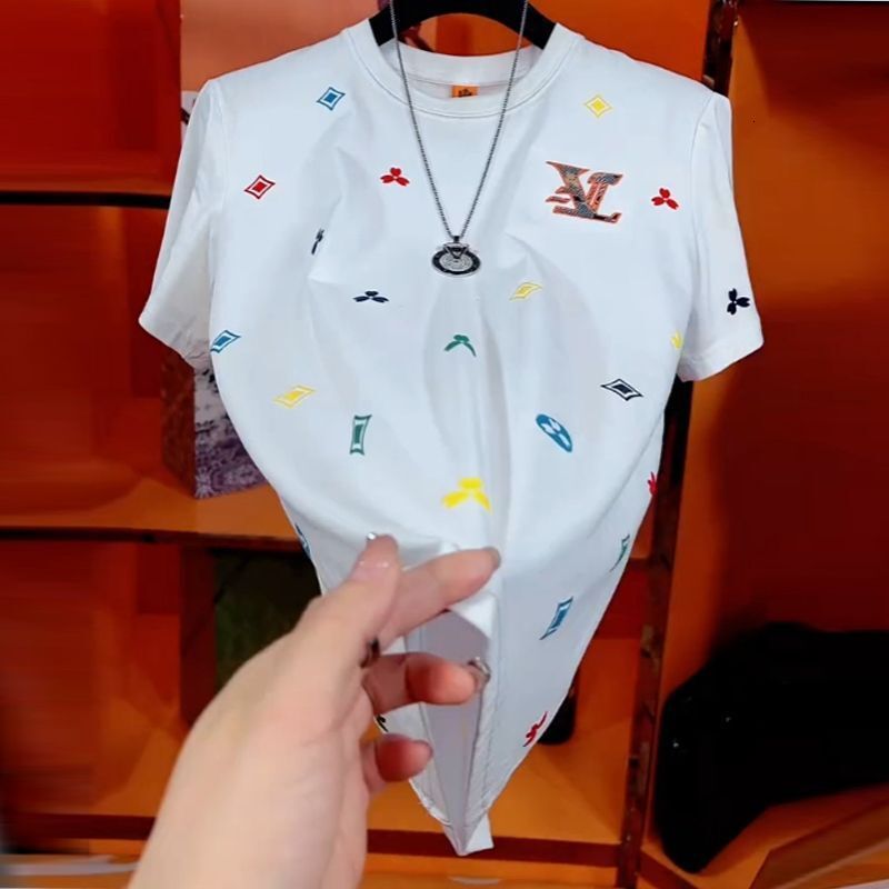 Designer Luxury Clothing Light Luxury High-end Embroidery Short Sleeve Men's Trendy Brand Cool Round Neck Regular Shoulder T-shirt Summer Fashion