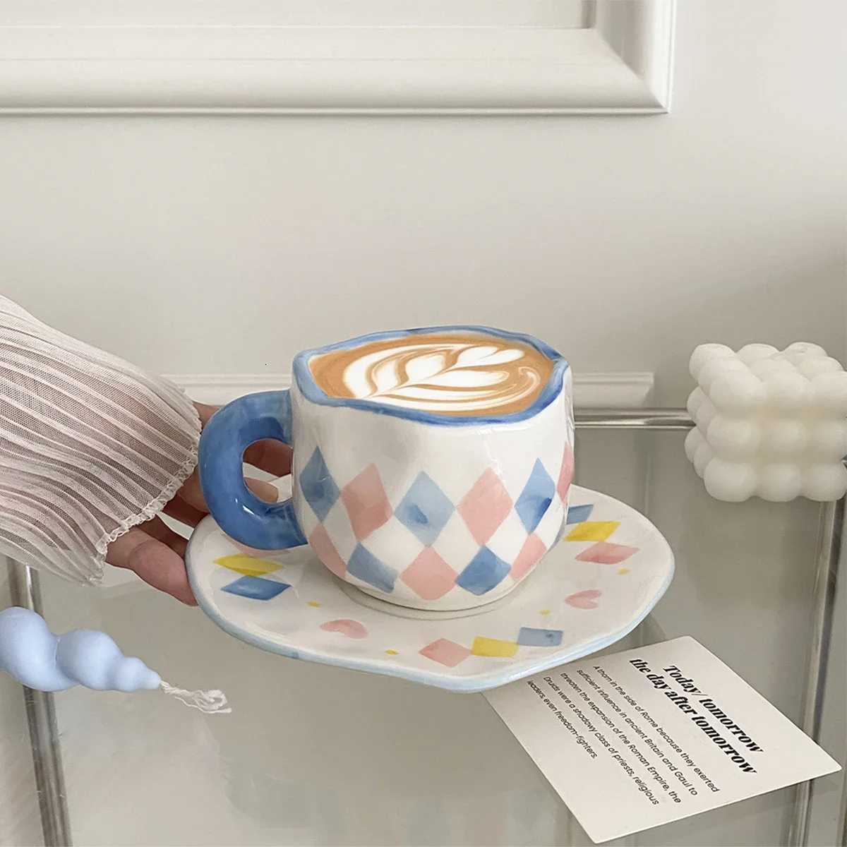 280ml Scandinavian Style Hand-Kneaded Ceramic Coffee Cup and Saucer Mti-Color Plaid Blue Sky and White Clouds Flower g H251209