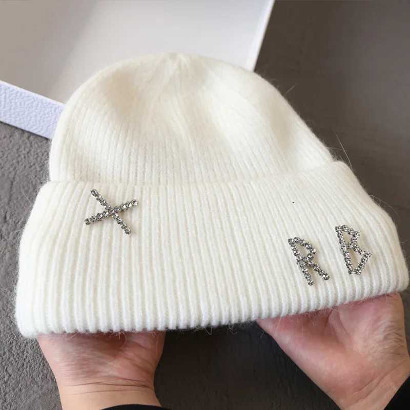 Luxury Winter Warm Rabbit Fur Knitted Hat Diamonds Letter Beanies Hats For Women Famous Brand Lady Casual Bonnet Skiing Cap Y251209