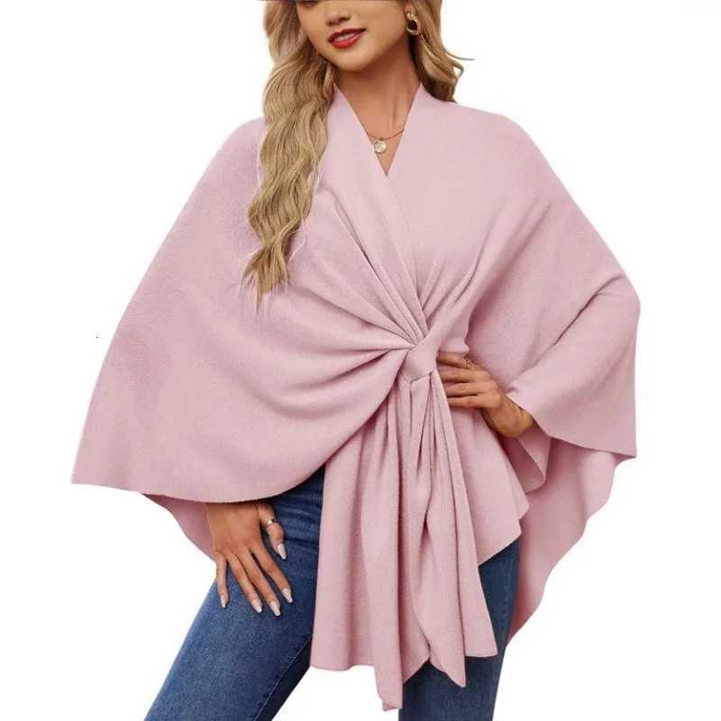 Luxury Knit Wrap Poncho with Self - Tie Belt Elegant Cozy Outerwear for Autumn Winter Fashion Outfits Y251208