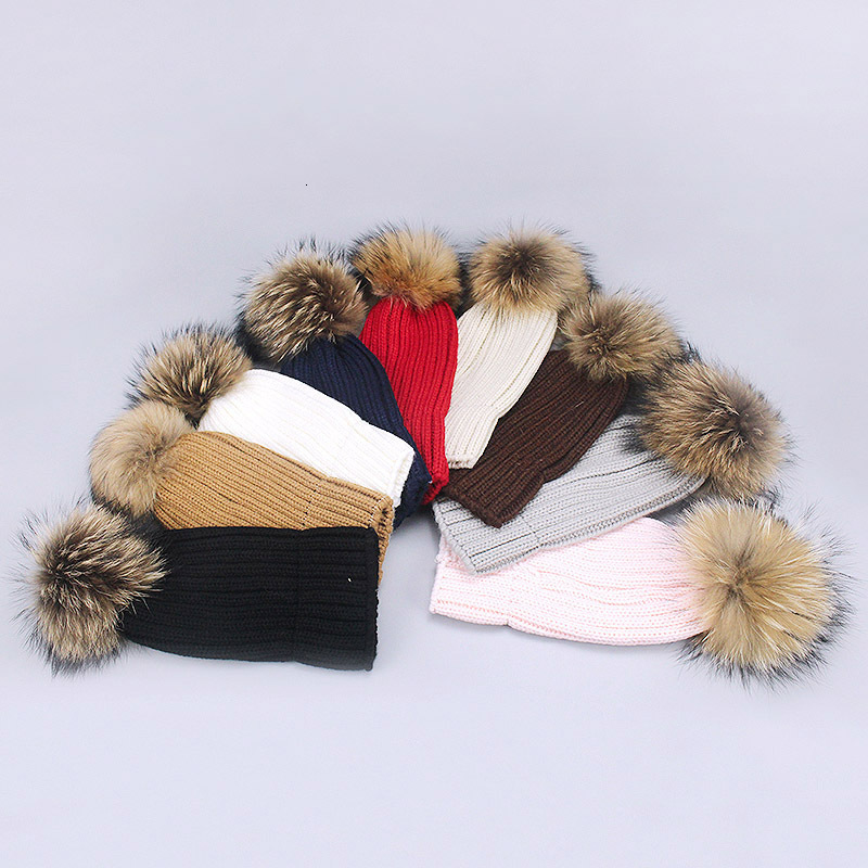 Double Real Fur Pom Hat Women Winter Caps Knitted Wool Hats Skullies Beanies Girls Female Natural Two Fur PomPom Beanie Hat 240717 - view 3