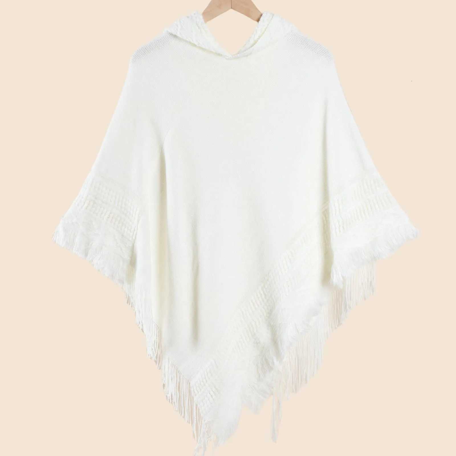 Luxury 1 elegant autumn and winter womens hooded knitted cape shawl loose knitted sweater solid color flowing beard versatile and warm Y251208