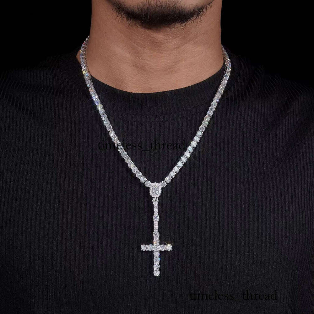 New Hot Sale Iced Out 5mm Wide 925 Sterling Silver VVS Silicon Stone Rosary Cross Tennis Chain Necklace