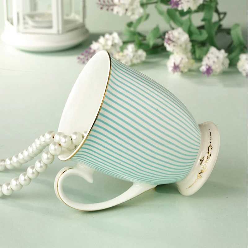 Elegant Tea cups British ified Ceramic Cups Bone Blue Stripes Coffee cup Golden Pattern Fashion Unique Design Goblet H251209
