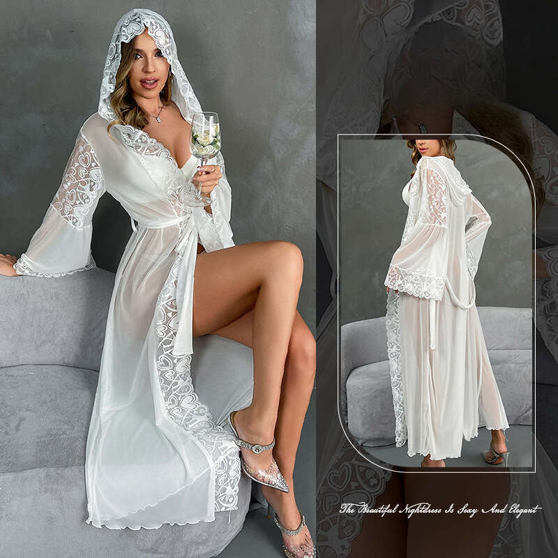 designer New Sexy Hooded Bathrobe Lingerie Lace Trim Robe Belt Homewear pajamas nightgowns women