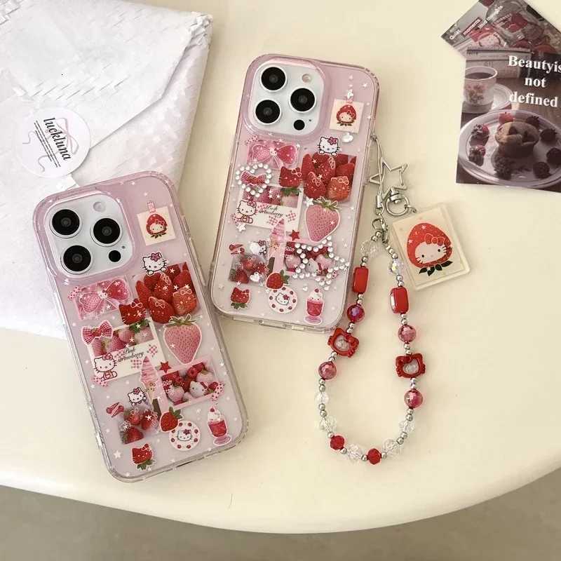ins Korean Cute Strawberry Sticker Bling Glitter Phone Case For iPhone 16 15 14 13 Pro Max Hard IMD Cover C251209