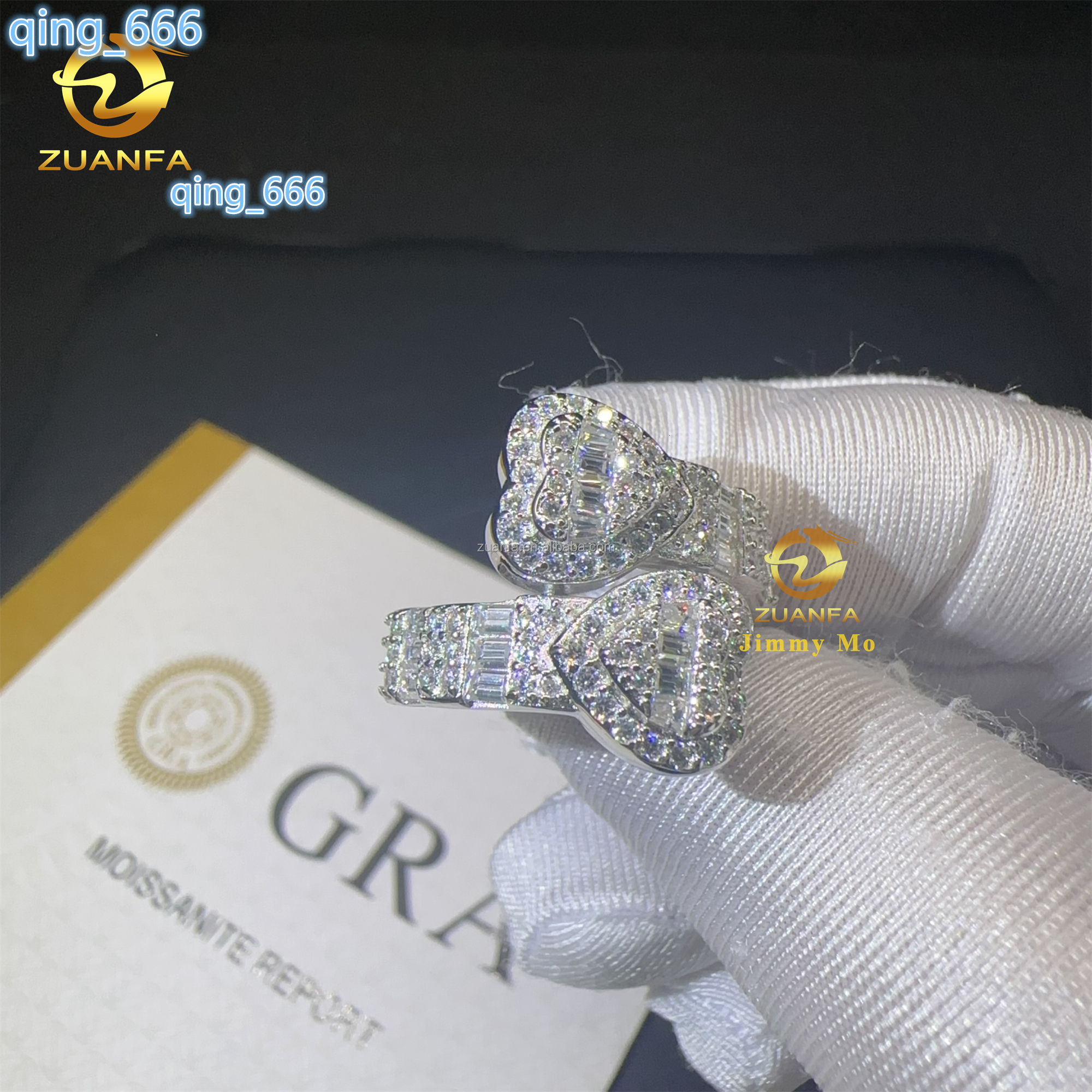 Drop Shipping Price 925 Sterling Silver Full With Baguette Moissanite Diamond Hip Hop Iced Out Two Heart Shape Ring Women Mens