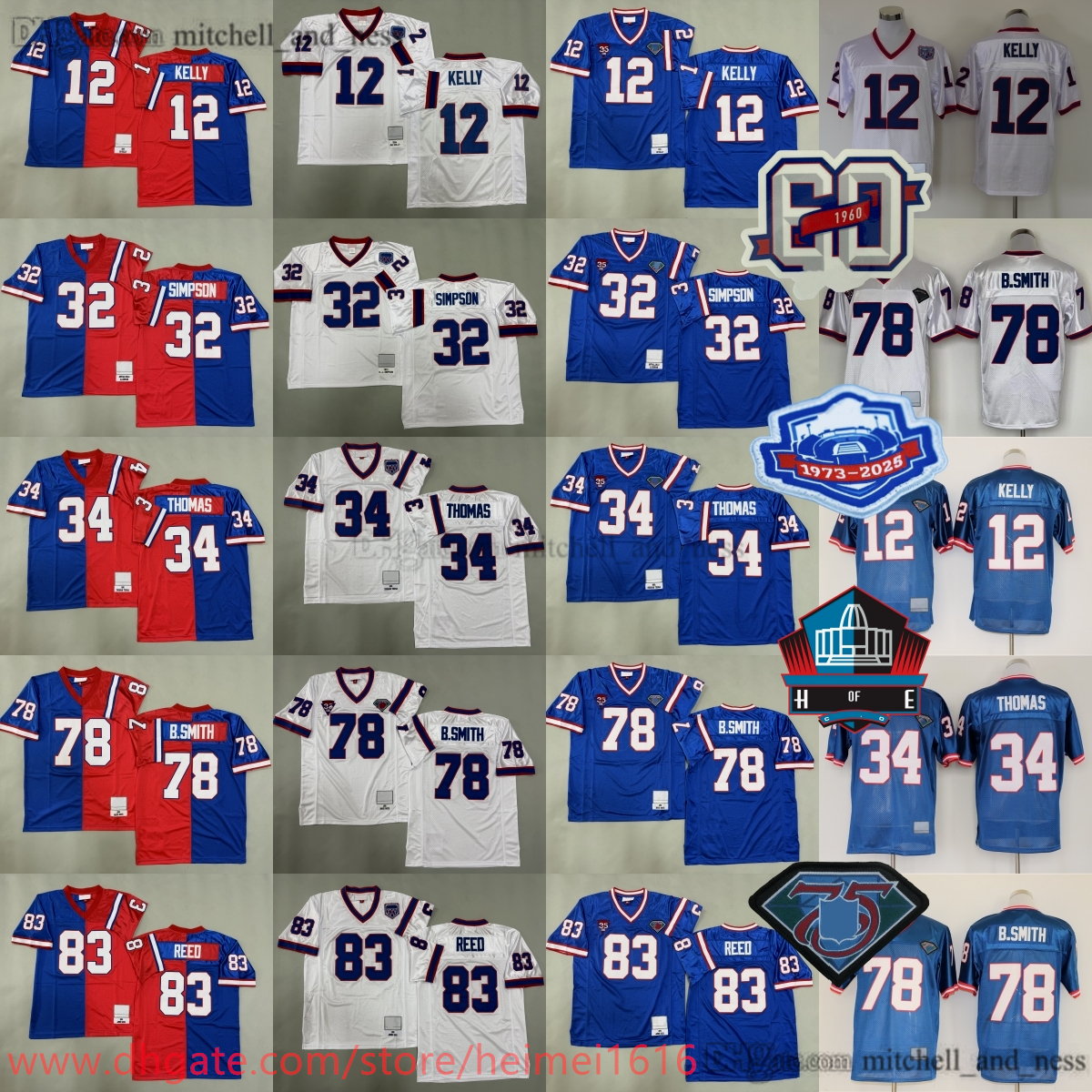 1980 M&N Throwback Football 32 OJ Simpson Jersey Classic Retro Stitch 12 Jim Kelly 34 Thurman Thomas 78 Bruce Smith 83 Andre Reed Jerseys Breathable Sport Blue Uniform