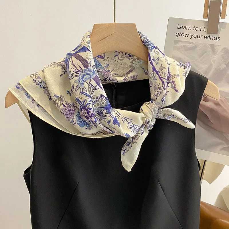 Luxury 70x70cm Simple Elegance Floral Bird Print Silk Scarf Lyric Velvet Korean Style Countryside Flower Warm Sunscreen Large Shawl Y251208