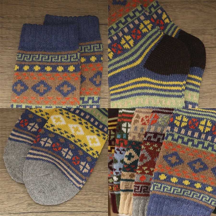 5 Pairs Winter Mens Socks Thicken Warm Sheeps Wool Socks Harajuku Retro Style Colorful Fashion Cotton Socks For Snow bootsT251209