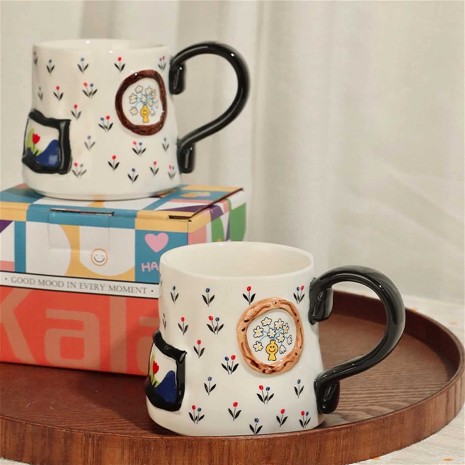 Decorative Ceramic Coffee g 10 oz Hand-Painted Cartoon Design with Handle Mtiple Pattern Styles Flower Milk Cups for Kids H251209