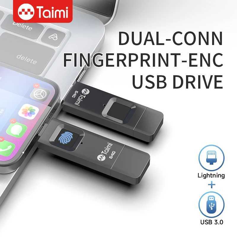 Taimi Fingerprint Encryption USB Flash Drive with Dual Interfaces USB30 And Lightning for Data Security C251209