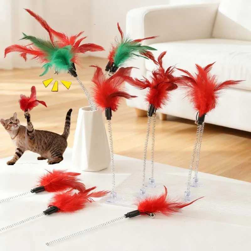 5pcs Cat Teaser Stick Toy Spring Suction Cup Feather Squeaky Interactive Kitten Toy Bite-resistant Training Cat Toy Supplies M251209