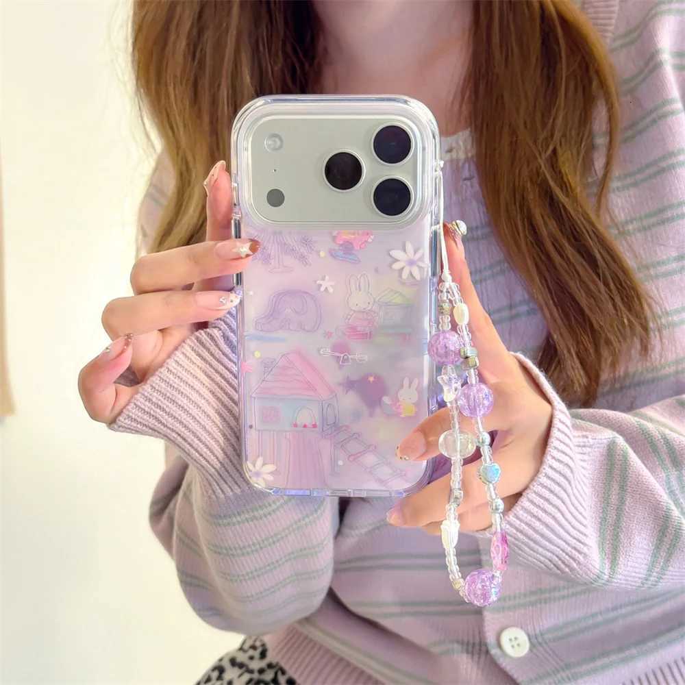 Cute Rabbit phone case With Chain For iPhone 17 16 Pro 13 14 15 Pro Max Korean INS fashion cartoon protective cover For 17 Pro C251209