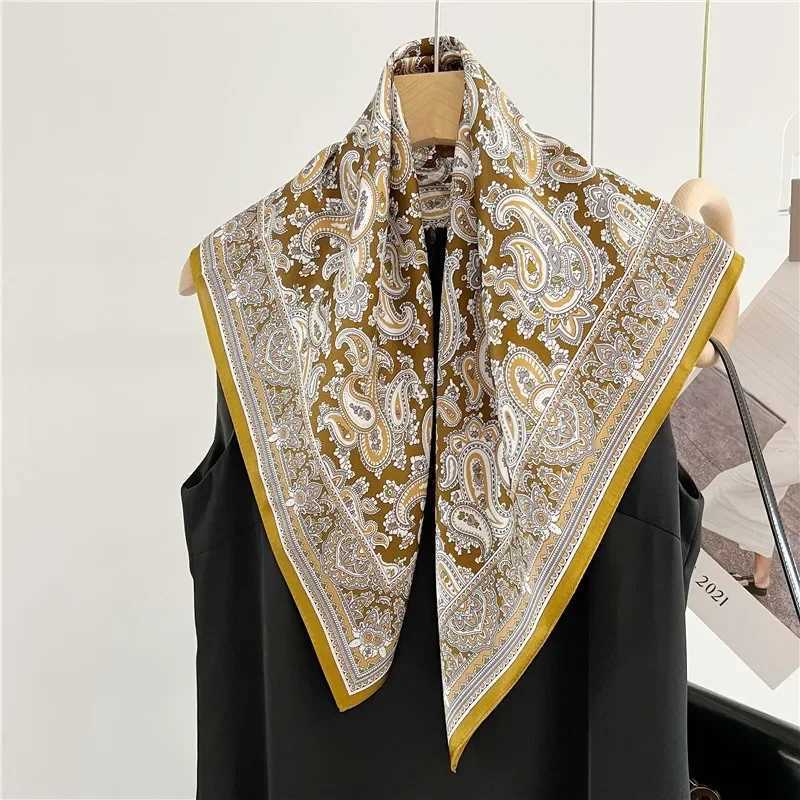 Luxury 68cm Golden Cashew Flower Scarf Womens Spring and Summer Thin Imitation Silk Scarf High-end Light Luxury Shawl Scarfs Headscarf Y251208