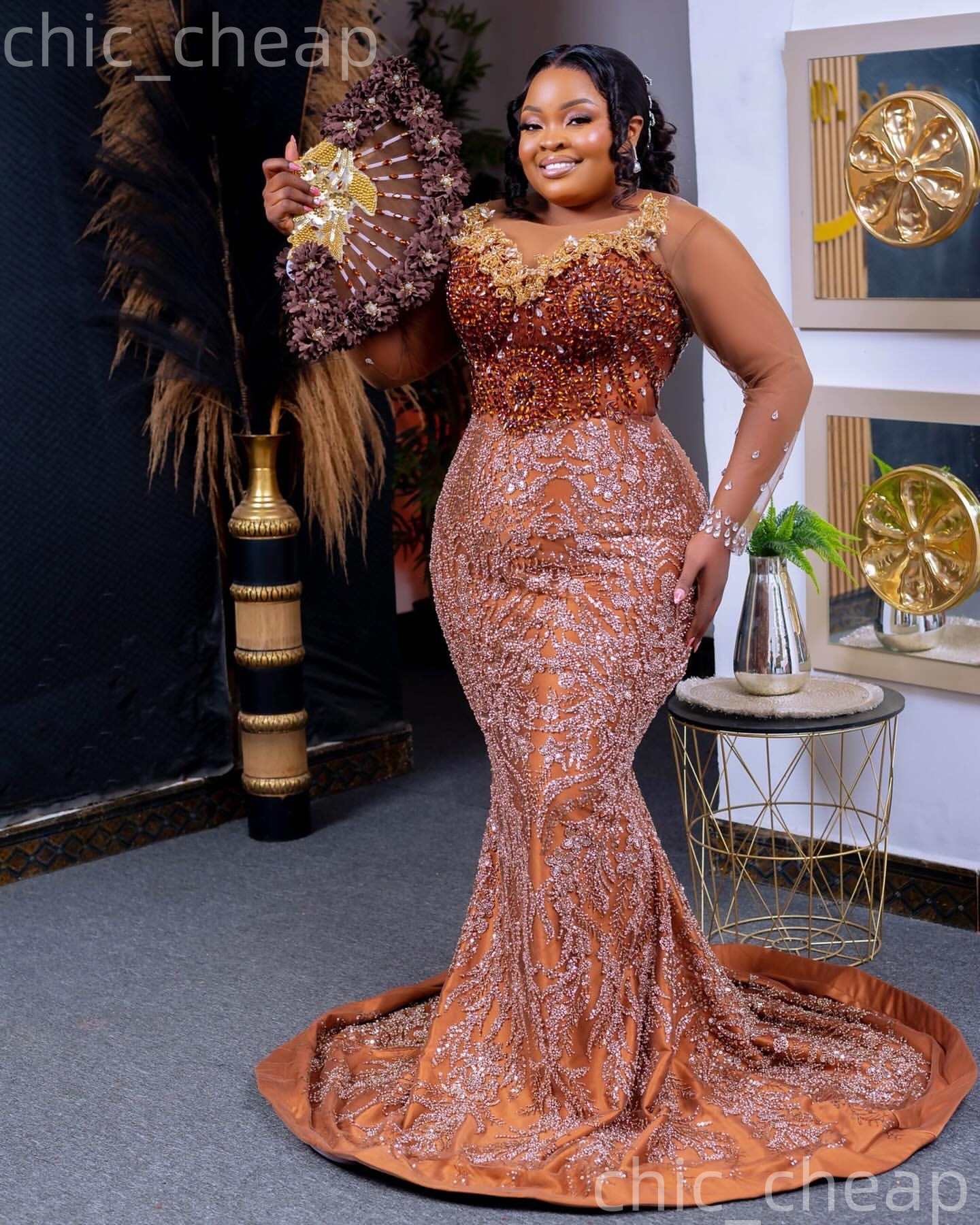 Aso Ebi Brown Mermaid Prom Dresses 2026 Flowers Crystals Sheer Neck Evening Formal Party Second Birthday Engagement Gowns Plus Size Dress For Special 
