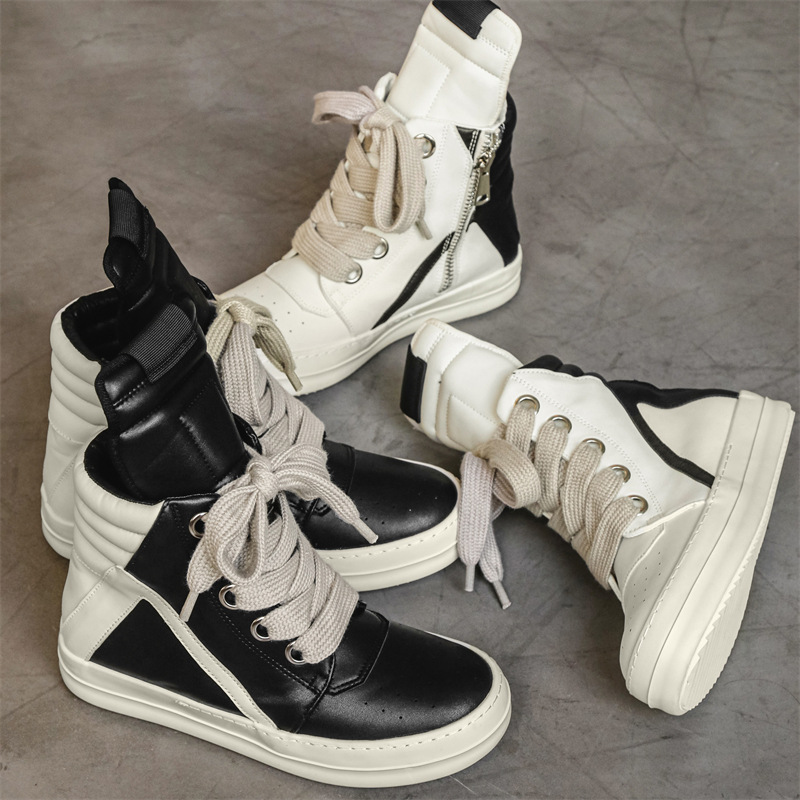 New Design Trendy Street High Top Versatile Board Shoes Retro Motorcycle Fashion Sports and Leisure Shoes Men's Sizes 39-44 White Black