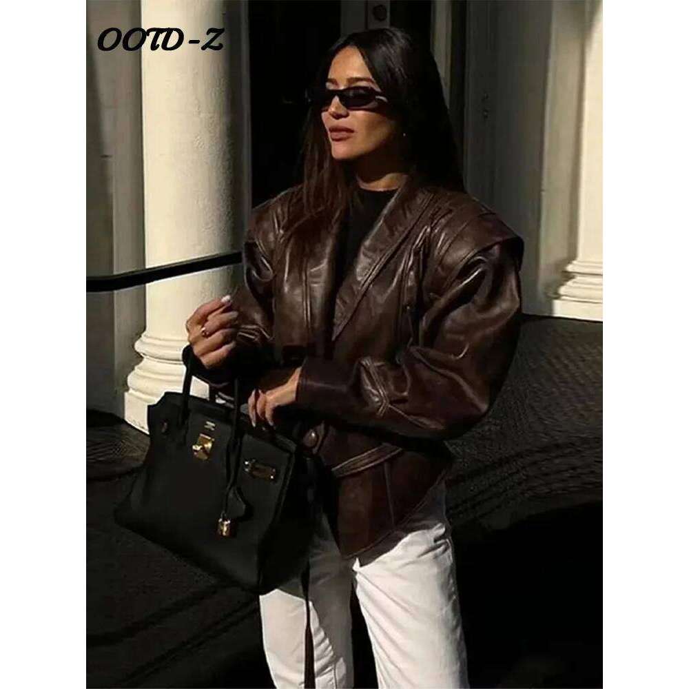 Faux Leather Brown Women Jackets Belt Lace Up Lapel Female Coat Vintage Casual Autumn One Button Long Sleeve Lady Outwear Luxury